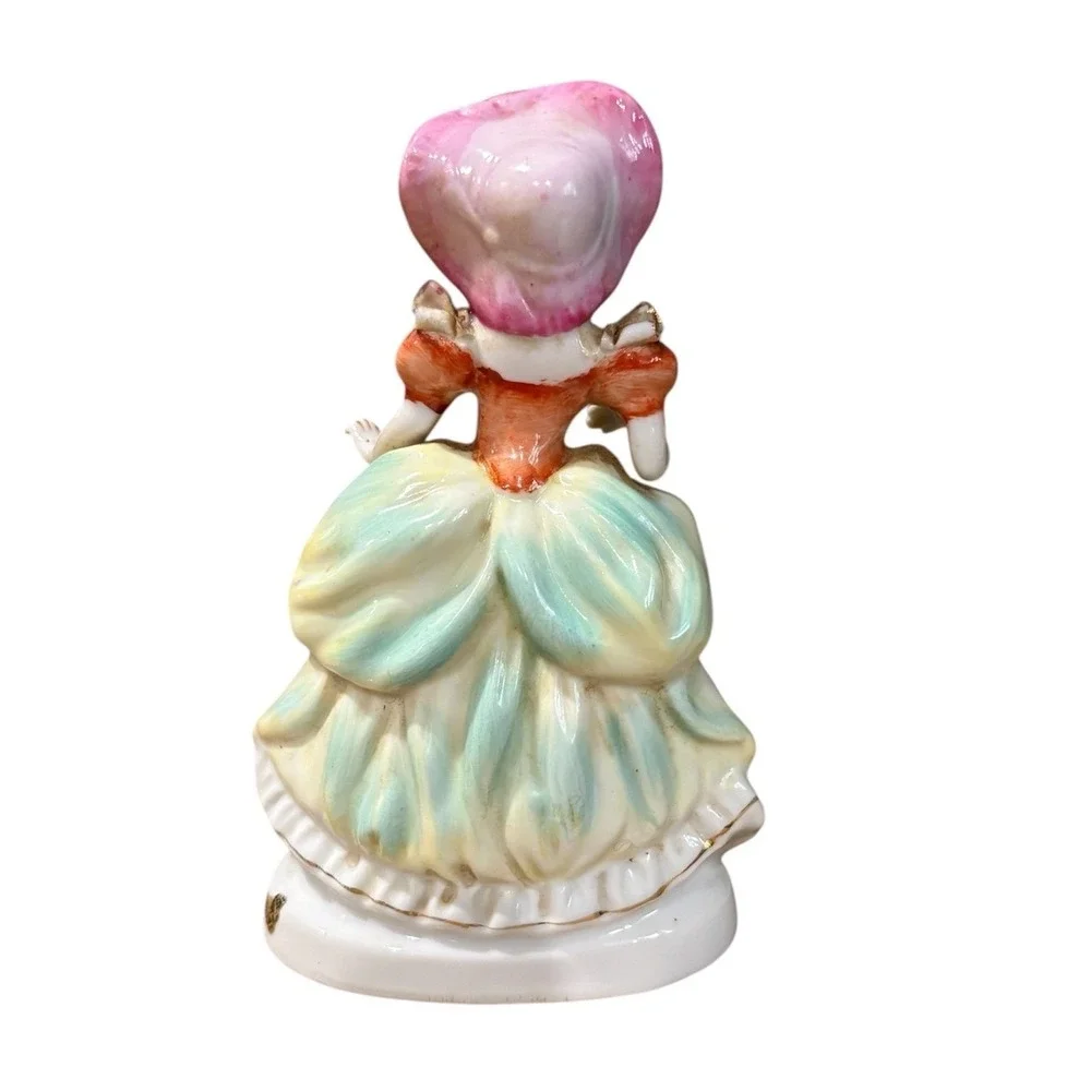 Vintage Multicolor Porcelain Lady Figurine Tiered Ruffle Dress‎ Pink Bonnet